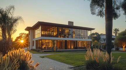 Poster - Distant external view of the front facade of a modern farm hotel with contemporary. Generative AI.