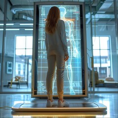 Aufkleber - A woman standing on a human Weighing Scale showing a full body scan on a hologram in a photo realistic, High resolution scene. Generative AI.