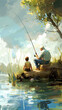 © aimired - Grandfather and grandson fishing by a lake
