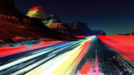 Canvas Print - 3D render of light trails that appear to speed across an abstract terrain