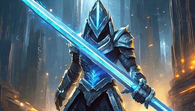 abstract warrior with blue laser sword, art design