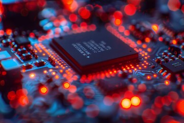 Sticker - Close-up of a high-tech microchip with neon lights, highlighting the intricate details of modern semiconductor technology.