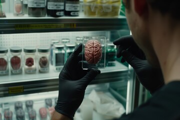 Sticker - Scientist examining a preserved brain in a laboratory, highlighting the intersection of biology and technology in scientific research.