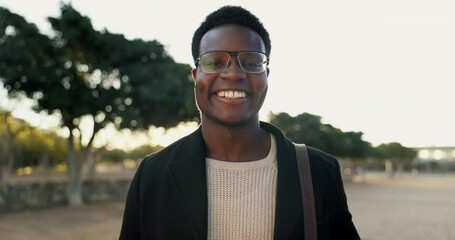 Canvas Print - Portrait, black man and smile for commute to work, professional and travel to office. Face, morning and businessman with eyewear for law firm attorney, employee and happy with confidence and glasses