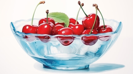 Wall Mural - Double Exposure, White Background Bowl of Cherries Fruit illustration ~ Created using Generative AI