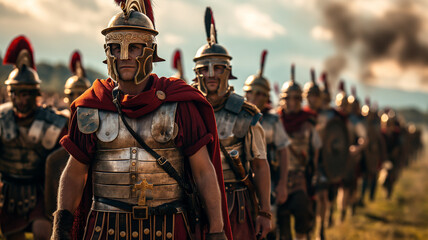 A group of Roman soldiers march in formation across a battlefield under a dramatic sunset, dressed in traditional armor and helmets.