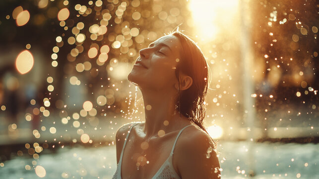 A mature female basking in the sunlight at a city fountain, water splashing and creating a refreshing ambiance around her