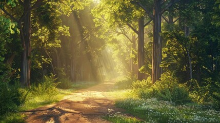 Wall Mural - Beautiful forest path illuminated by golden sunlight filtering through the trees, depicting a serene and tranquil natural scenery.