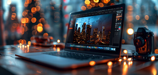 Aufkleber - A luxurious scene focused on a sleek laptop, predominantly gold, black, and white color, vibrant bokeh lights in the background. The laptop screen show advanced video editing software. Generative AI.