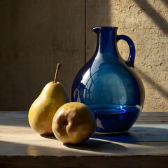 A transparent glass jug, brimming with a jewel-toned blue liquid, sits proudly on a worn wooden table. Two ripe, golden pears, their skins shimmering in the soft light, rest beside it.