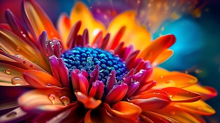 Vibrant macro shot of a dew-covered multicolored daisy with a dreamy bokeh background 