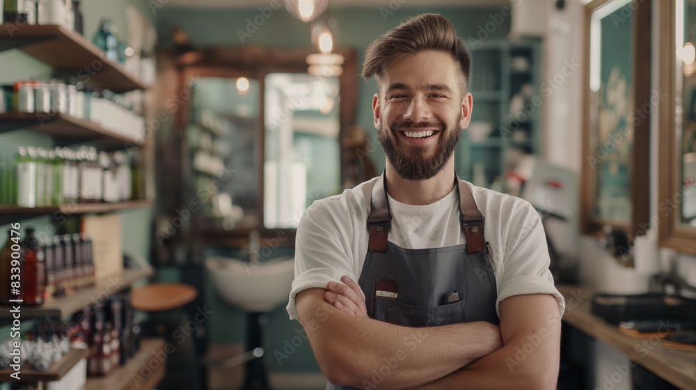 Happy confident stylish handsome young male barber standing arm crossed ...