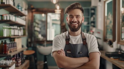 Happy confident stylish handsome young male barber standing arm crossed in his modern barber shop, portrait of small business owner.