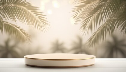 Wall Mural - minimalistic light background with palm trees podium and blurr
