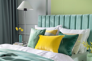 Wall Mural - A green and yellow velvet bed with white pillows in the bedroom, decorated with gray walls. The room is filled with light blue curtains and features an elegant floor lamp. It has a modern design.