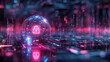© visoot - A globe with a cyber security lock in cyberspace neon dark blue and pink. Generative AI.