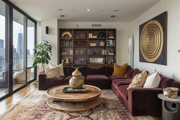 Wall Mural - A modern living room with warm wooden floors and a sectional sofa in a deep burgundy hue