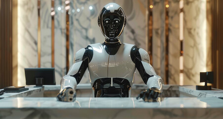 Leinwandbilder - A robot in a suit behind a concierge desk. Futuristic. Generative AI.