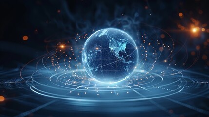 Fototapete - A futuristic abstract digital design featuring a geometric sphere composed of interconnected lines and nodes at the center, surrounded by multiple concentric circles and orbiting line. Generative AI.