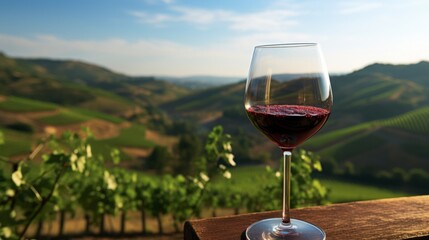 Wall Mural - Wineglass of red wine on vineyard in Tuscany, Italy