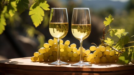 Wall Mural - Two glasses of white wine and grapes on table in vineyard.