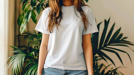 A woman in a blank white t-shirt stands against a neutral background with indoor plants, ideal for a mockup design template. 