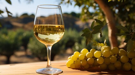 Wall Mural - Glass of white wine and grapes in vineyard on sunny day.