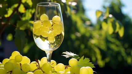 Wall Mural - Glass of white wine and ripe grapes in vineyard on sunny day