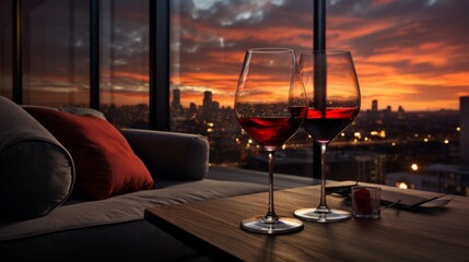 Wall Mural - Two glasses of red wine on a table with a view of the city at sunset