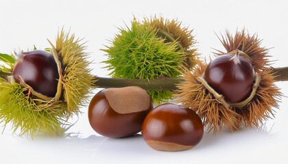 Wall Mural - chestnuts in husk isolated on a white background