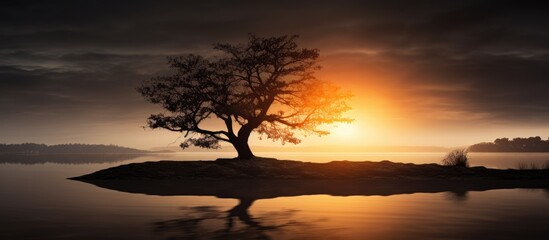 Fototapete - The tranquil evening scene with the sun casting a warm glow on the gray sky, creating a captivating silhouette of a tree in the backdrop. with copy space image. Place for adding text or design