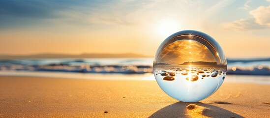 Wall Mural - Crystal ball resting on golden sandy beach with abundant open space for  copy space image.