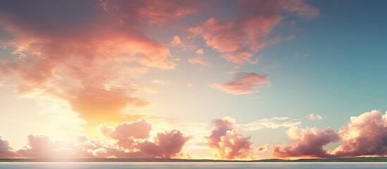 Poster - A scenic view of clouds over a serene landscape with a mystical sunset background, perfect for a copy space image.
