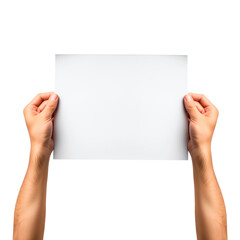 Wall Mural - Paper in hands on a white or transparent background. Close-up of a man holding a white sheet of paper. Mockup. Protest. Creative process. Development.