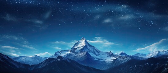 Mountain peak under a starry night sky with a bright star, providing a stunning background for a copy space image.