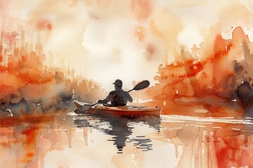 Wall Mural - A person paddling a kayak down a river, with calm water and lush surroundings