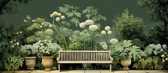 Poster - A garden setting with a backdrop of coriander, providing space for text or graphics. with copy space image. Place for adding text or design