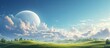 © vxnaghiyev - Cloud resembling a crescent shape hovering above a meadow, with an open area for text or graphics. with copy space image. Place for adding text or design