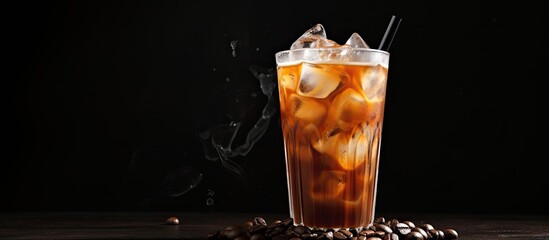 Aufkleber - Iced black coffee with coffee beans and brown sugar on a dark backdrop, with copy space image included.