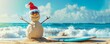 © BackgroundHolic - Smiling Santa sandy snowman in red santa hat and stylish sunglasses smiling on the sea beach with copy space, concept of winter holiday, Merry Christmas, happy summer time.