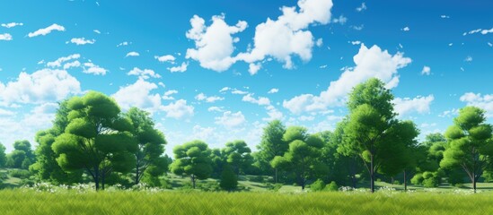Wall Mural - lush green trees with a clear blue sky in the background, featuring trees set against a cloudless sk