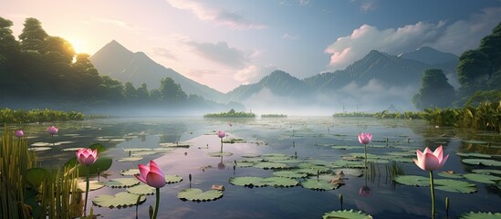 Leinwandbilder - Stunning pink lotus ponds with serene surroundings frame a tranquil scene, providing a perfect setting for a copy space image.