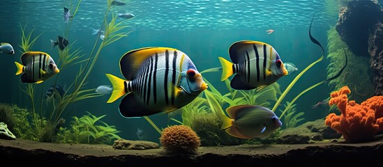 Wall Mural - An expansive aquarium split into three sections featuring tropical fish like the barb sumatran, the angelfish, and the tetra, with abundant copy space image.