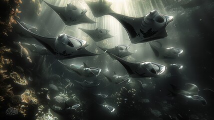 Wall Mural - Many manta swimming in the ocean. underwater. Generative AI.