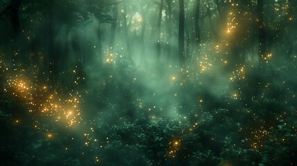 Wall Mural - An abstract forest scene at night, fireflies twinkling across the dark backdrop, mysterious and magical, soft green and yellow glows, serene and captivating, high contrast.