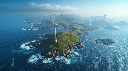 A panoramic view of the island with wind turbines and sustainable energy production, showcasing its commitment to renewable power from an aerial perspective. The ocean. Generative AI.