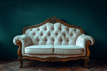 Wall Mural - White antique sofa on a green background.