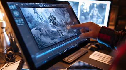 a game artist working on concept art for a video game, using a digital tablet, doing character desig
