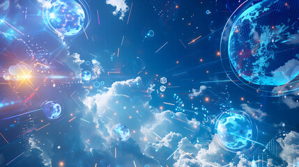 Technology Blue space background with glowing bubbles