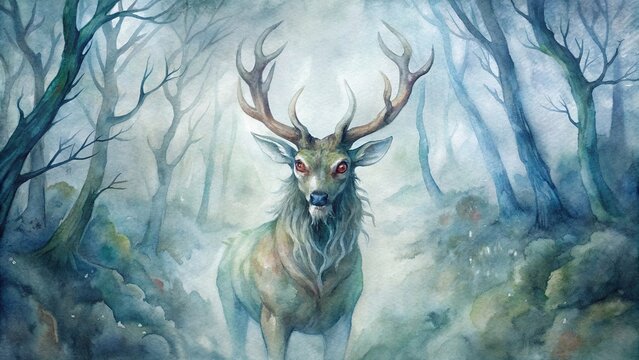 Undead deer creature emerging from a misty forest , undead, spooky, eerie, mysterious, supernatural, deer, forest, misty, fantasy, mythical, creature, nature, watercolor, painting, art